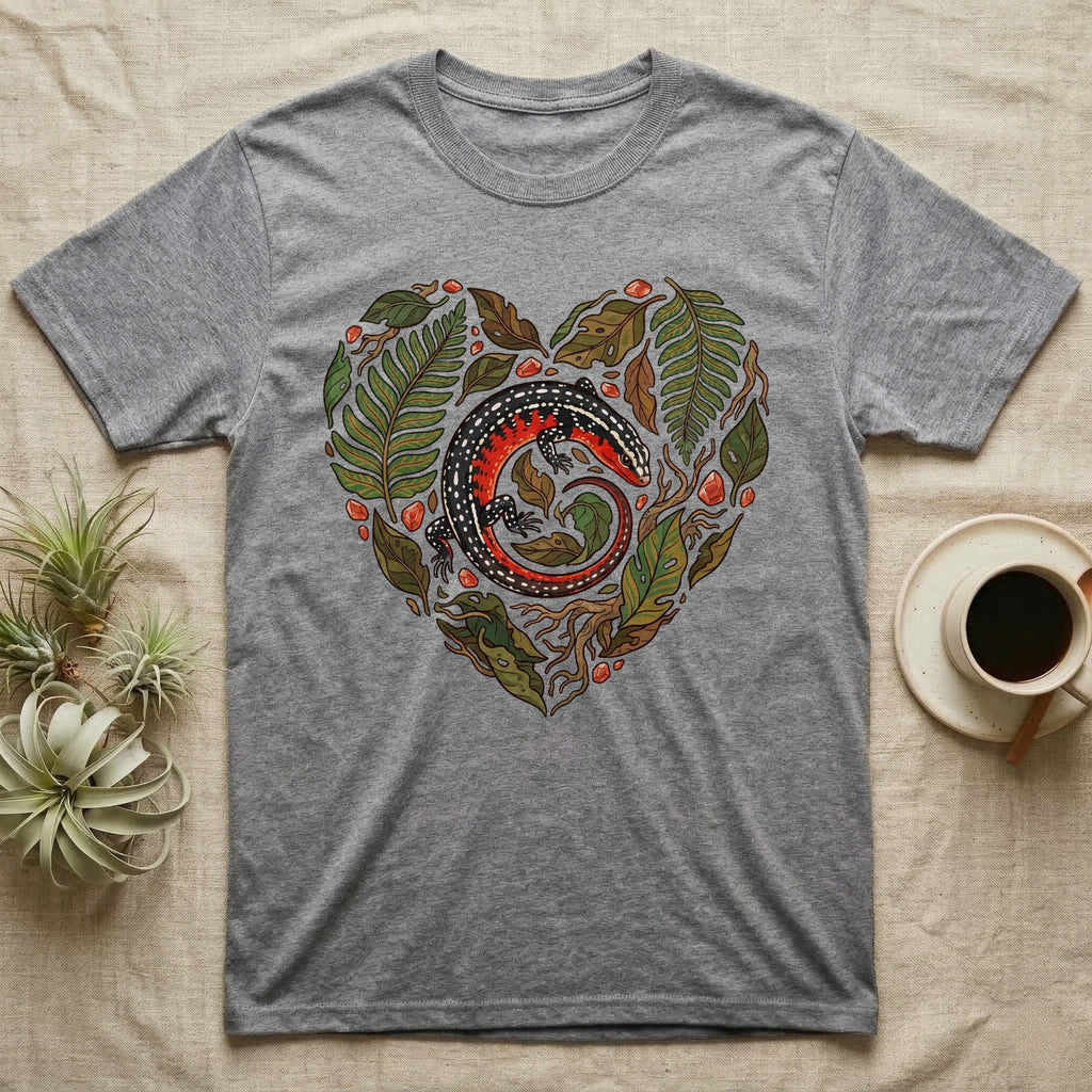 Grey t-shirt with a heart-shaped pattern of leaves and a lizard.