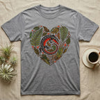 Grey t-shirt with a heart-shaped pattern of leaves and a lizard.
