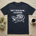 Bearded Dragon Napping T-Shirt in Navy — White stencil bearded dragon resting with 250 cut into the tail under text Don't Tread On Me, I'm Napping.