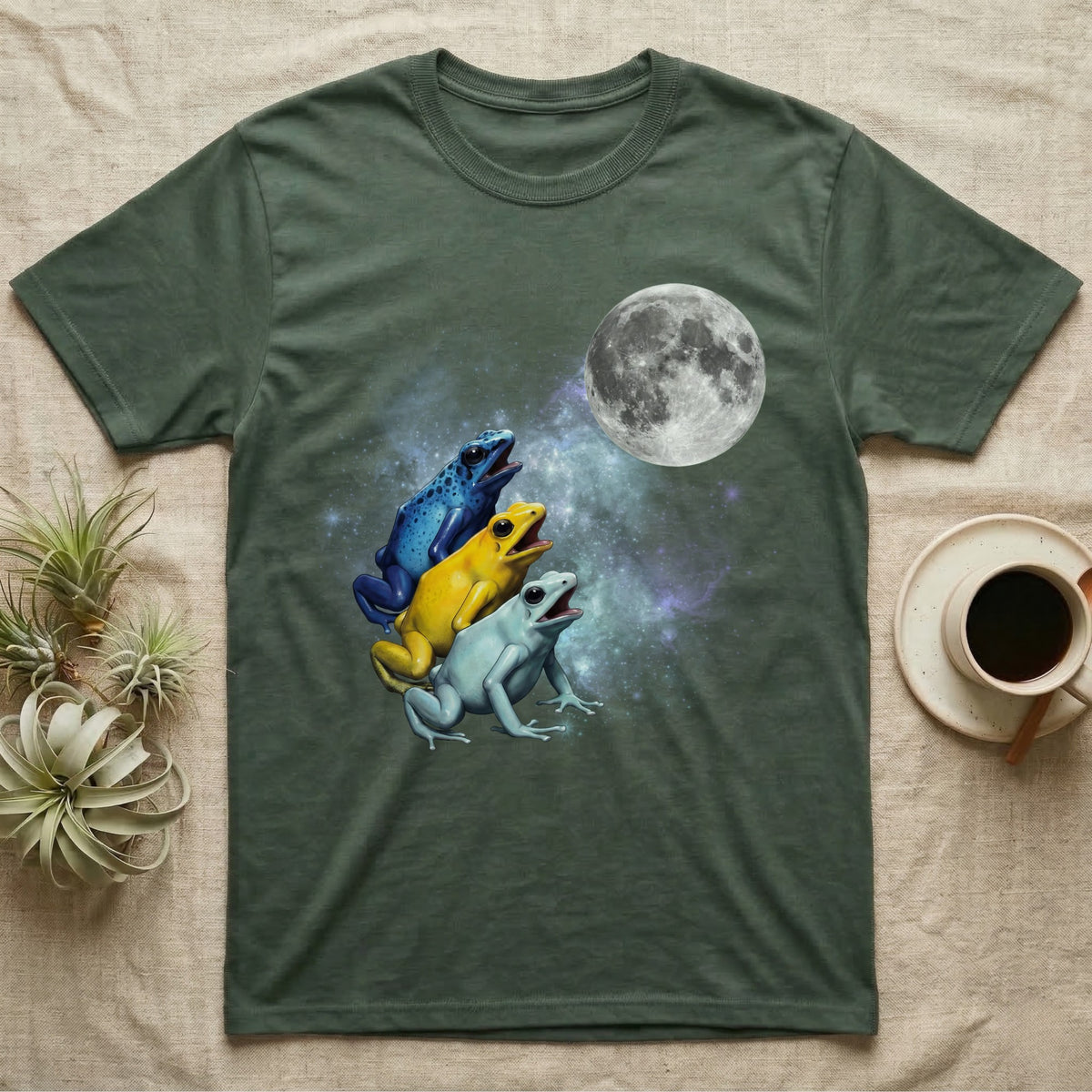 Poison Dart Frog Moon Howl T-Shirt in Military Green — Three Poison Dart Frog colour morphs howling at a full moon over a nebula on a dark grey t-shirt.