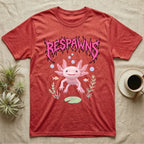 Axolotl Feral T-Shirt in Heather Red — Smiling pink axolotl floating in a pastel underwater scene under a spiky hot-pink metal wordmark reading RESPAWNS.