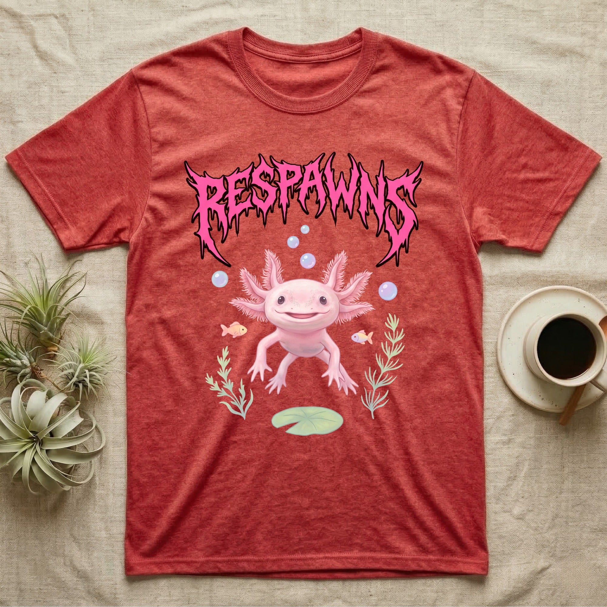 Axolotl Feral T-Shirt in Heather Red — Smiling pink axolotl floating in a pastel underwater scene under a spiky hot-pink metal wordmark reading RESPAWNS.