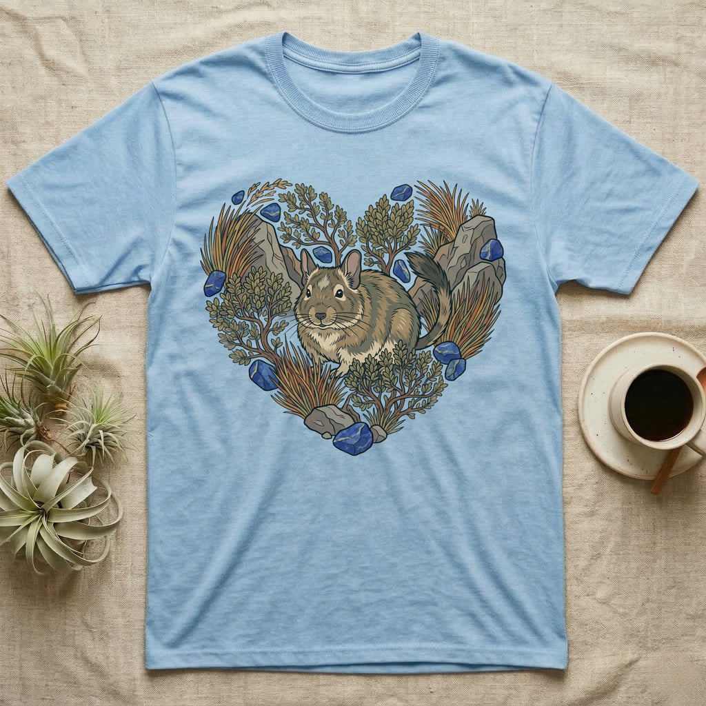 Light blue t-shirt with chinchilla and natural elements forming a heart.