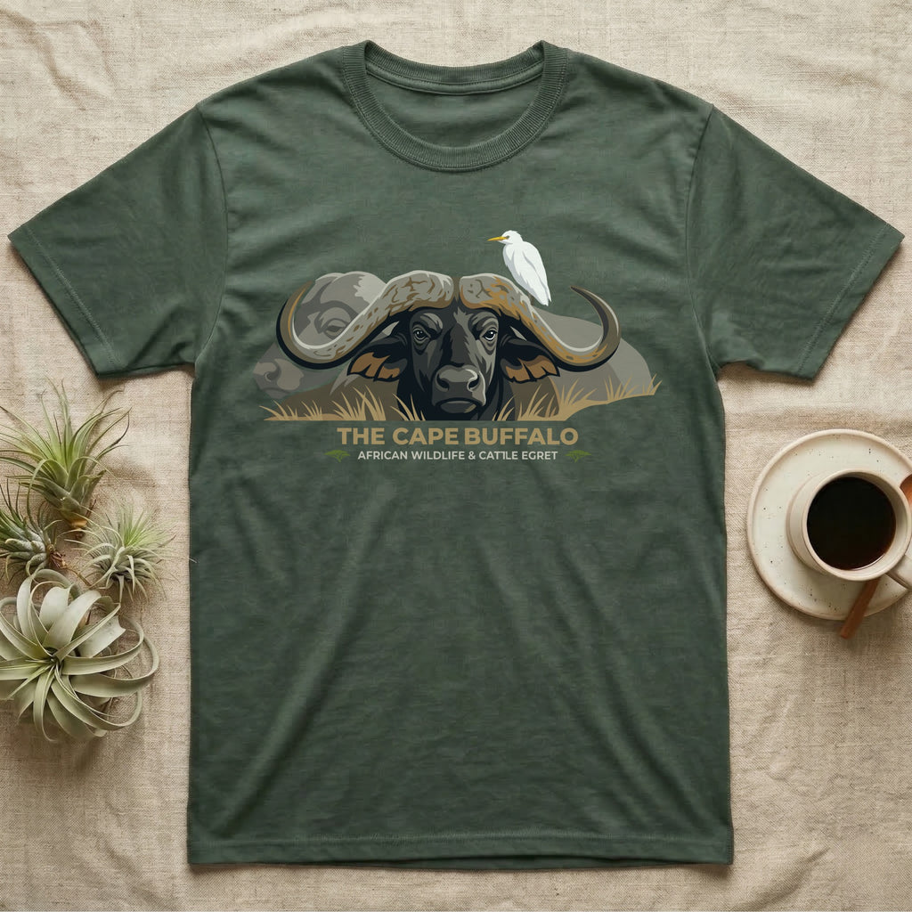 Green t-shirt featuring a cape buffalo and egret illustration with text.