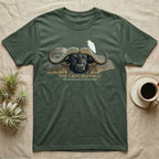 Green t-shirt featuring a cape buffalo and egret illustration with text.