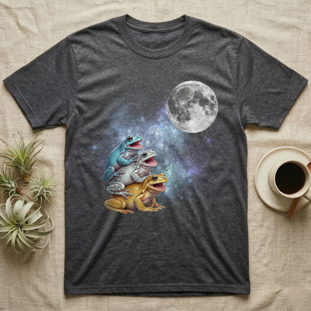 White's Tree Frog Moon Howl T-Shirt in Dark Heather — Three White's Tree Frog colour morphs howling at a full moon over a nebula on a dark grey t-shirt.