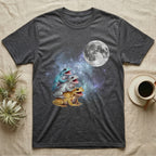 White's Tree Frog Moon Howl T-Shirt in Dark Heather — Three White's Tree Frog colour morphs howling at a full moon over a nebula on a dark grey t-shirt.