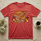 Dramatic Dad Hognose T-Shirt in Heather Red — Tattoo-flash illustration of a hognose snake mid-dramatic-flop with a banner reading World's Most Dramatic Dad.