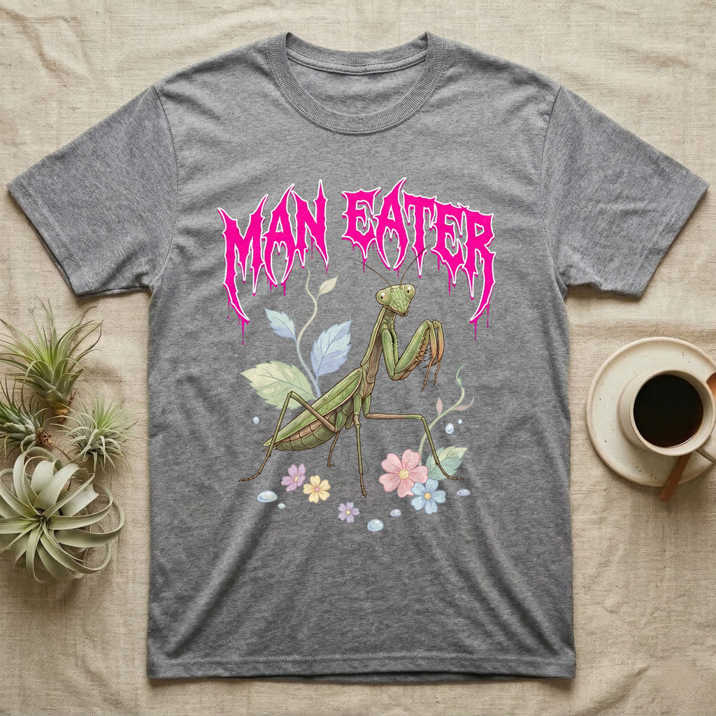 Chinese Mantis Feral T-Shirt in Sport Grey — Pastel Chinese mantis with raised spiked forelegs among leaves and blossoms, jagged magenta metal wordmark "MAN EATER" above.