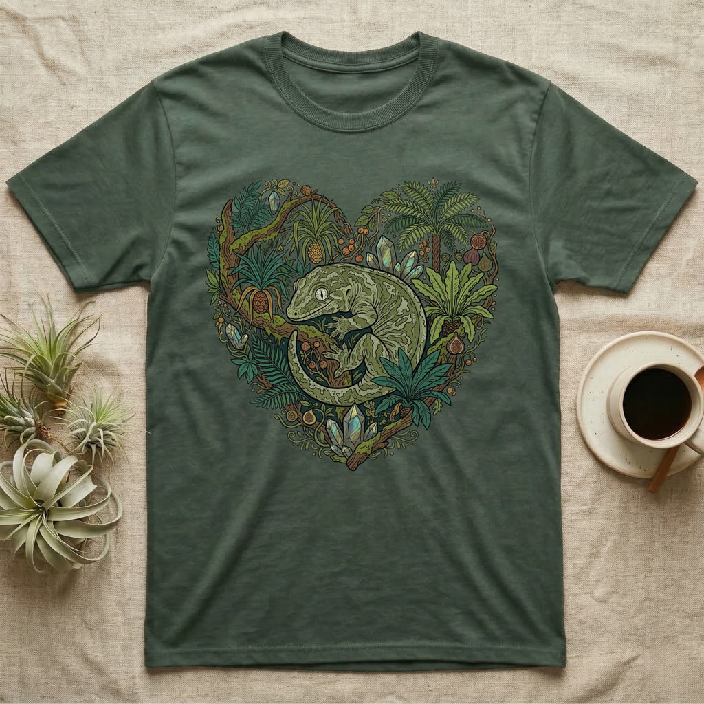 Green t-shirt with a heart-shaped jungle design featuring a lizard and crystals.