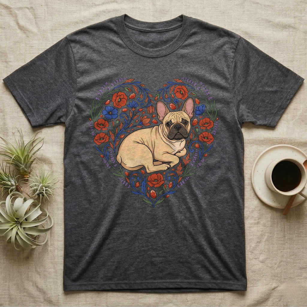 French bulldog illustration with floral heart pattern on a charcoal t-shirt.