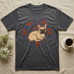 French bulldog illustration with floral heart pattern on a charcoal t-shirt.
