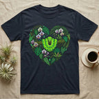 Dark t-shirt with a heart-shaped jungle design featuring a green snake.