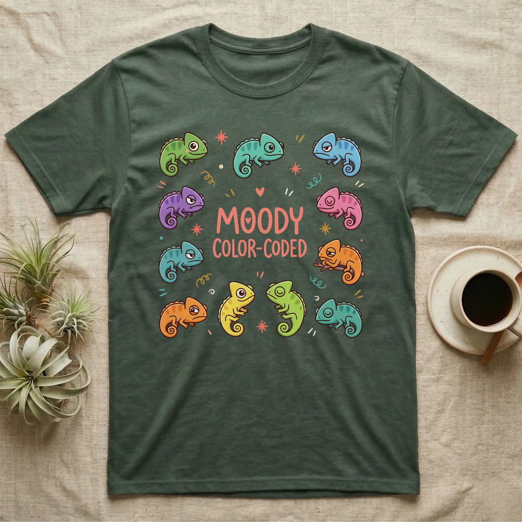 Chameleon Moody T-Shirt in Military Green — Ten cartoon chameleons in different colours and moods around the coral-pink words MOODY COLOR-CODED
