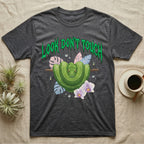 Green Tree Python Feral T-Shirt in Dark Heather — Green tree python in a saddle coil on a branch under a jagged emerald metal "LOOK DON'T TOUCH" wordmark and orchids.