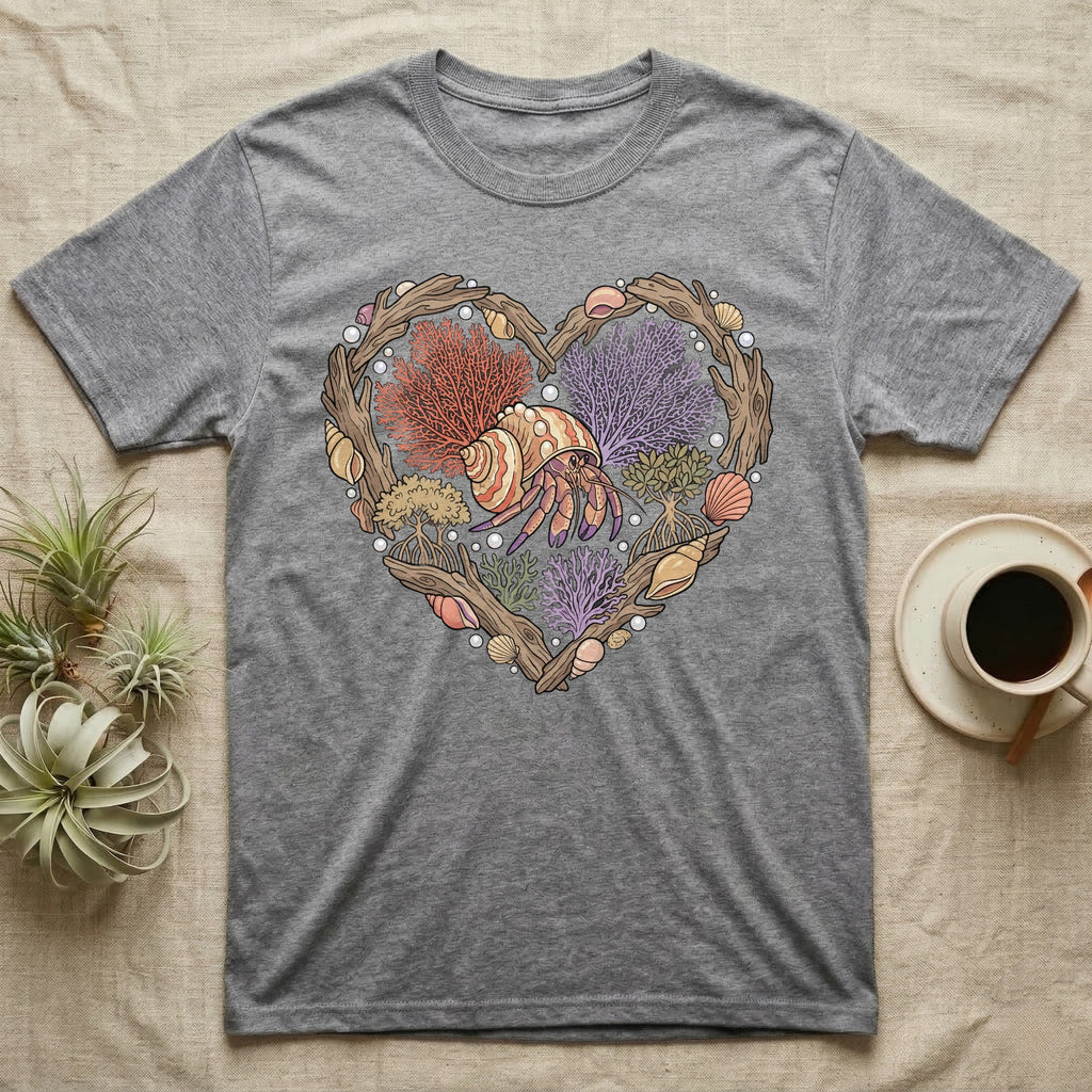 Grey t-shirt with heart-shaped marine life graphic.