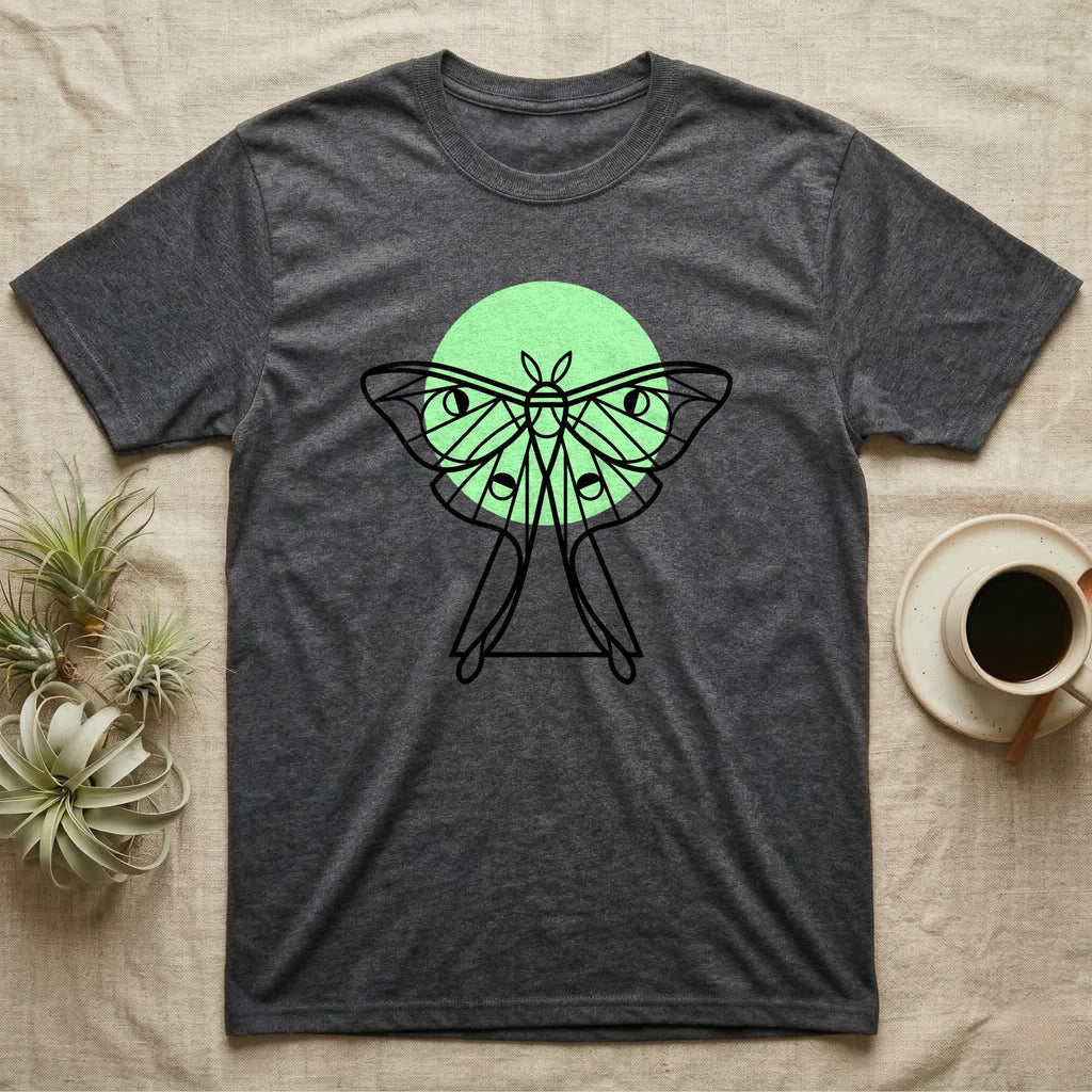 Dark gray t-shirt with a minimalist luna moth design on a green circle.
