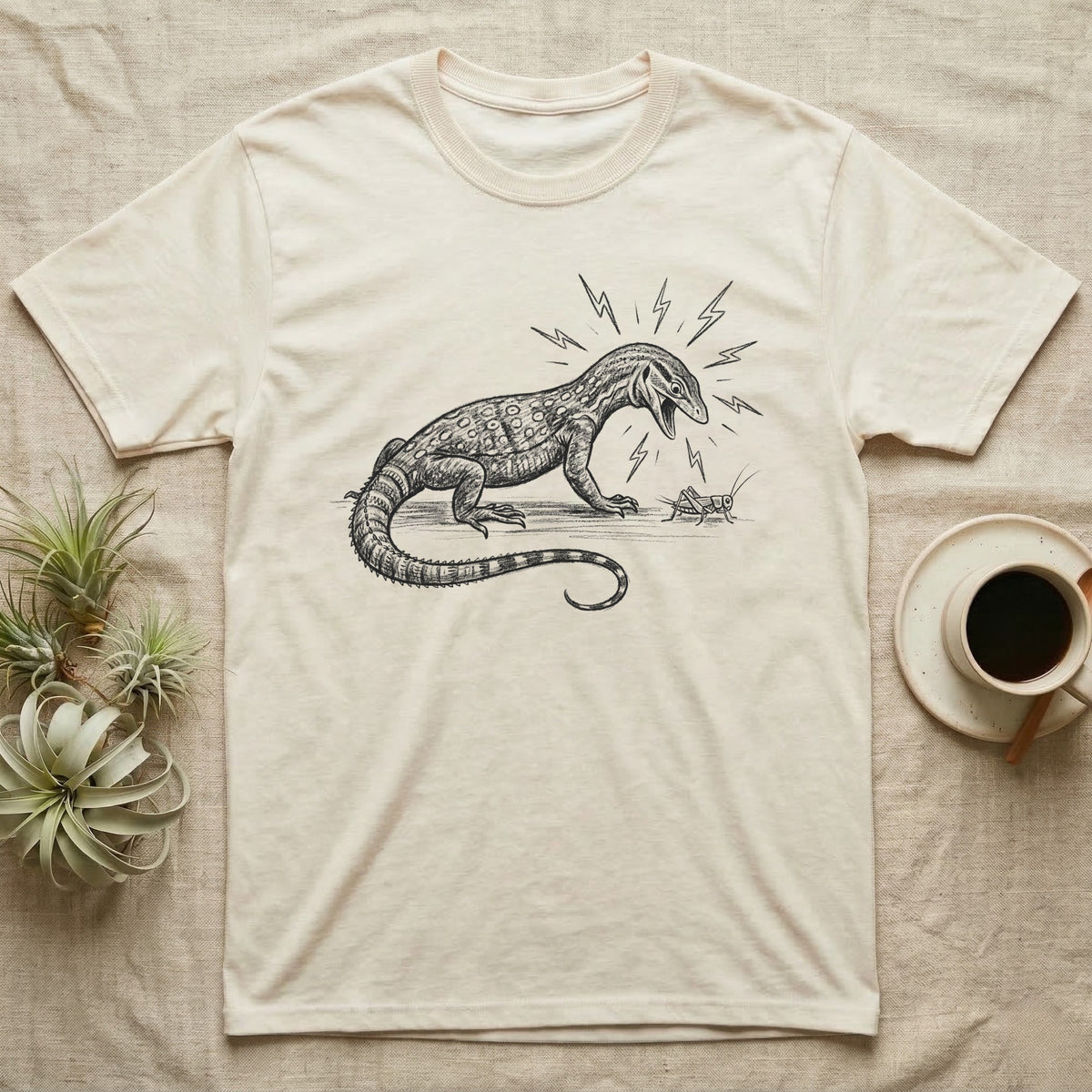 Ackie Monitor Meltdown T-Shirt in Natural — A charcoal drawing of an ackie monitor hissing furiously at one small, calm cricket, with lightning bolts around its head.
