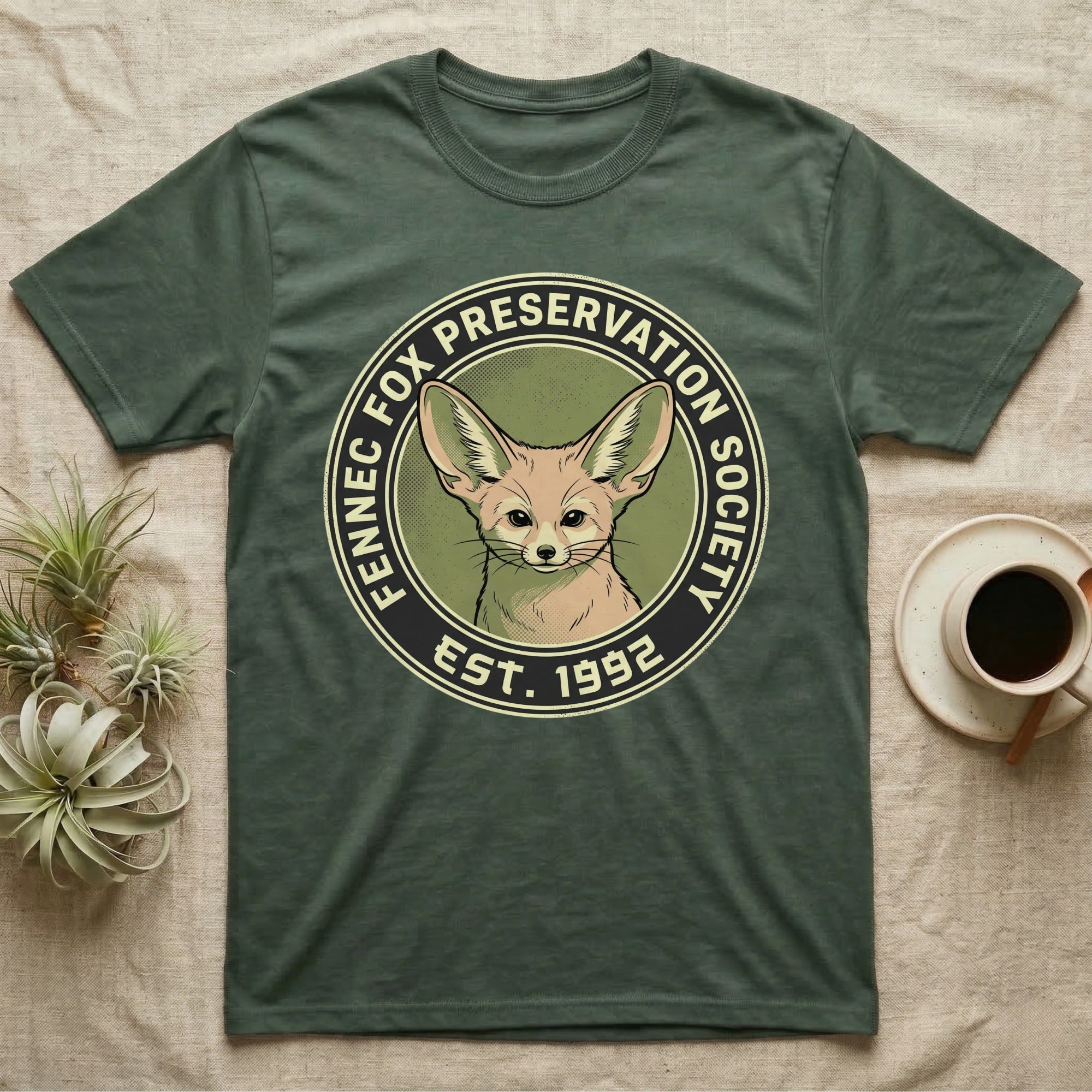 Green t-shirt with a Fennec Fox Preservation Society logo.