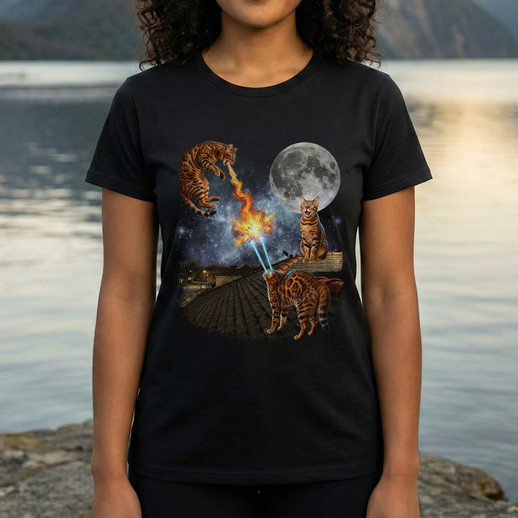 Laser Cats and Full Moon Black Graphic T-Shirt