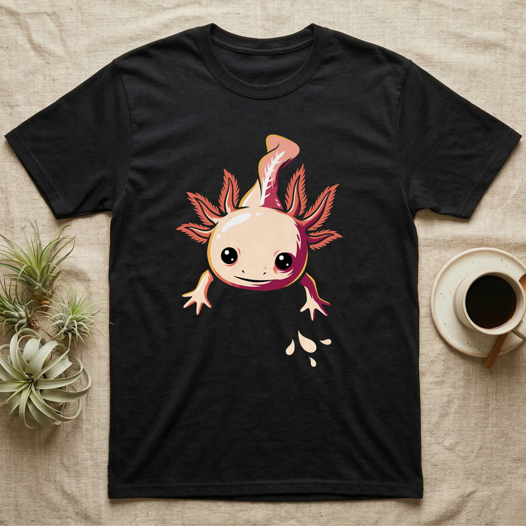 Cute chibi illustration of a smiling cream and coral-pink axolotl floating with splashing water droplets, no on-shirt text. — shown on a Black tee.
