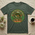 Green t-shirt with circular "Rain Frog Preservation Society Est. Always" logo.