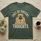 Capybara Violent Thoughts Tee in Military Green — Vector-bold portrait of a serenely half-smiling capybara framed by cream slab typography reading "Full Of Violent Thoughts."