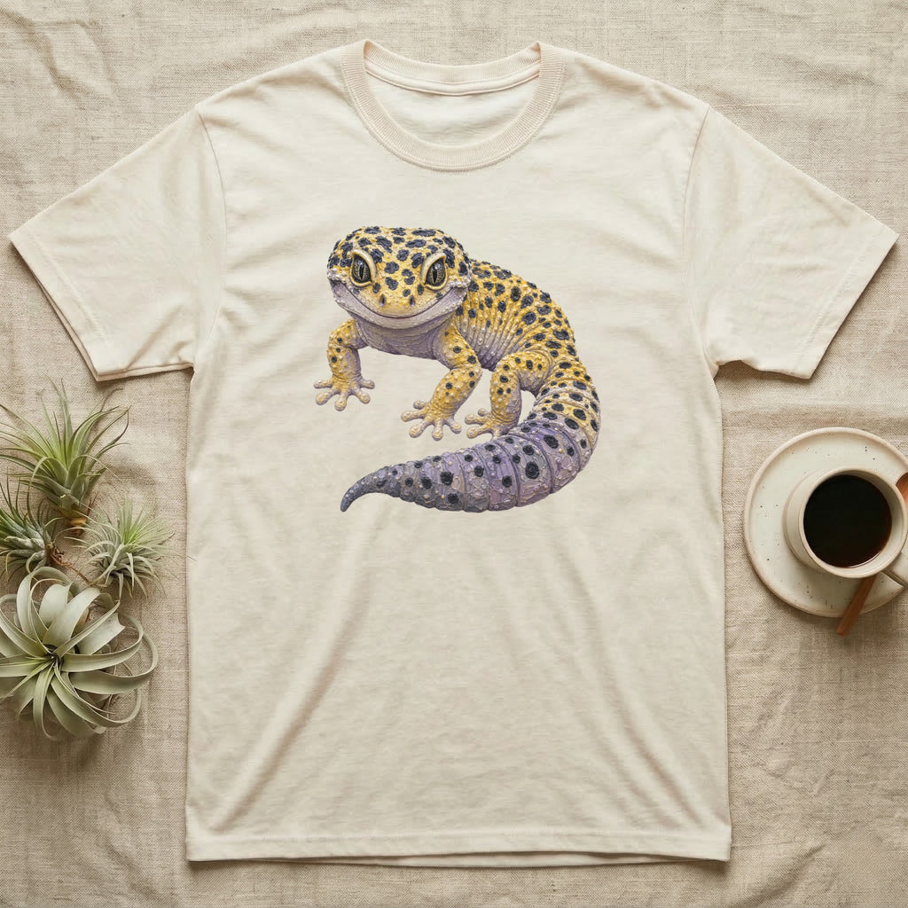 T-shirt with a yellow and black spotted leopard gecko graphic.