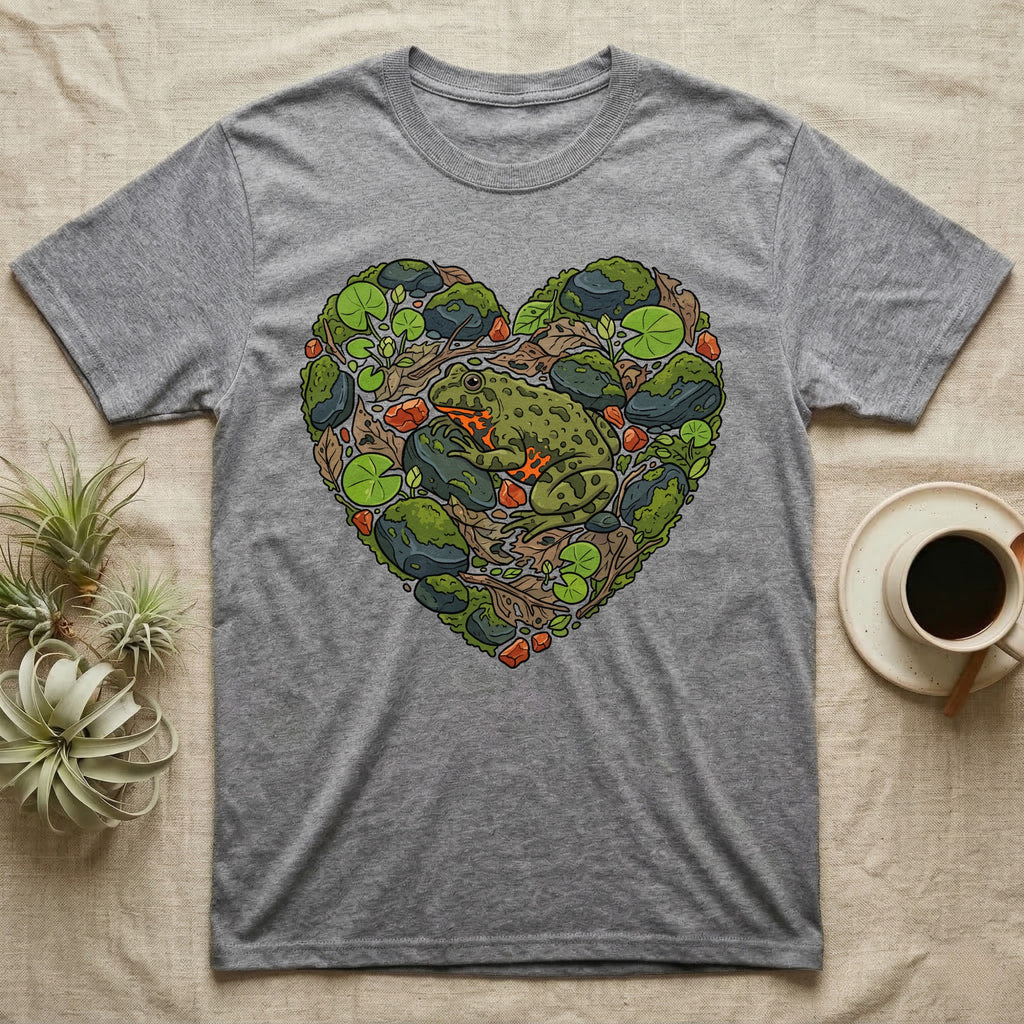 Grey t-shirt with a green frog and heart-shaped natural elements design.