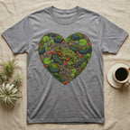 Grey t-shirt with a green frog and heart-shaped natural elements design.