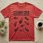 Isopod Cleanup Crew T-Shirt in Heather Red — One-ink scattered illustration of nine isopods with "Cleanup Crew Reports for Duty" workwear-style lettering.