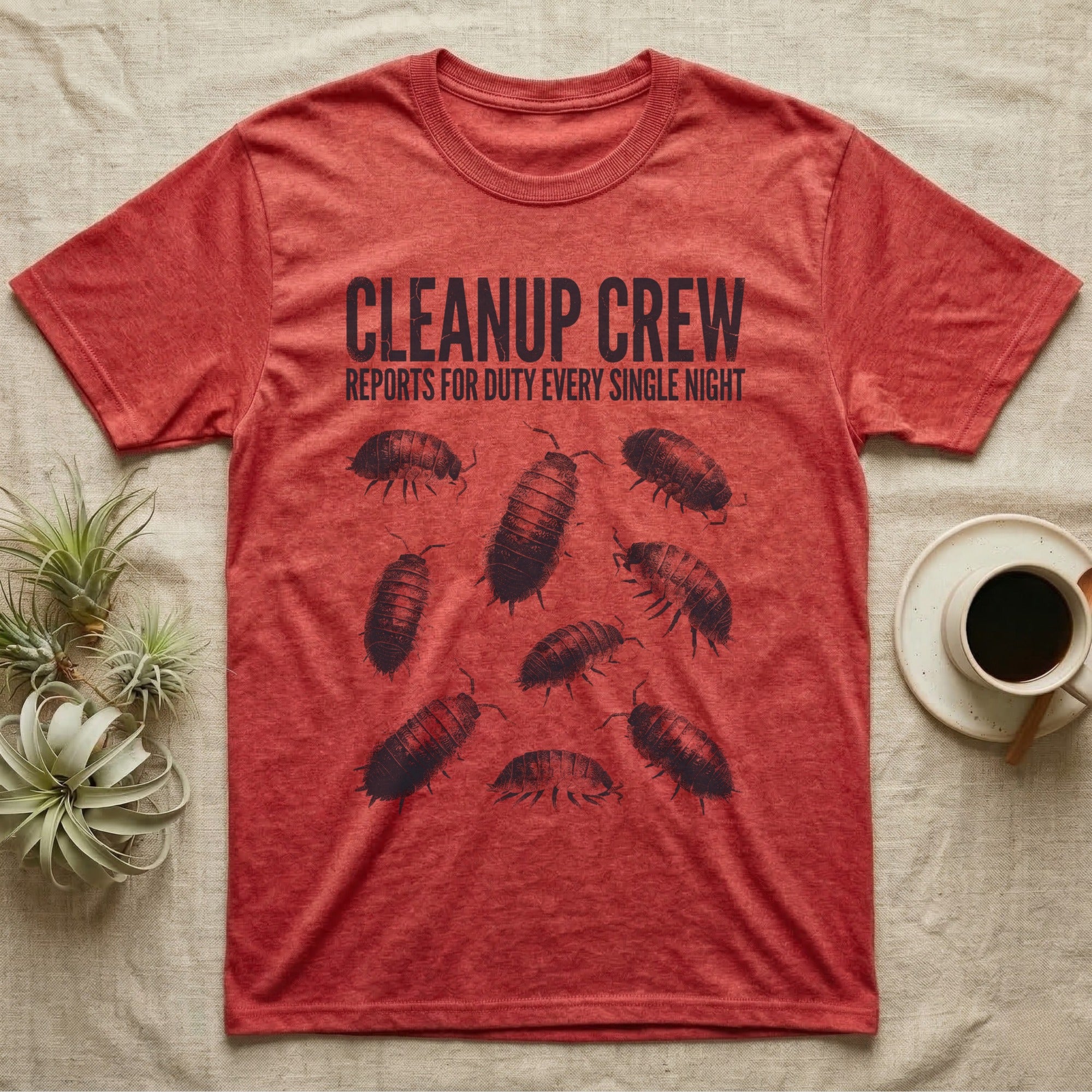 Isopod Cleanup Crew T-Shirt in Heather Red — One-ink scattered illustration of nine isopods with "Cleanup Crew Reports for Duty" workwear-style lettering.
