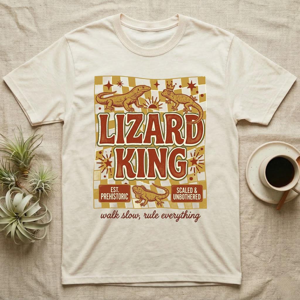 Cream t-shirt with "Lizard King" graphic, featuring geckos and checkered pattern.