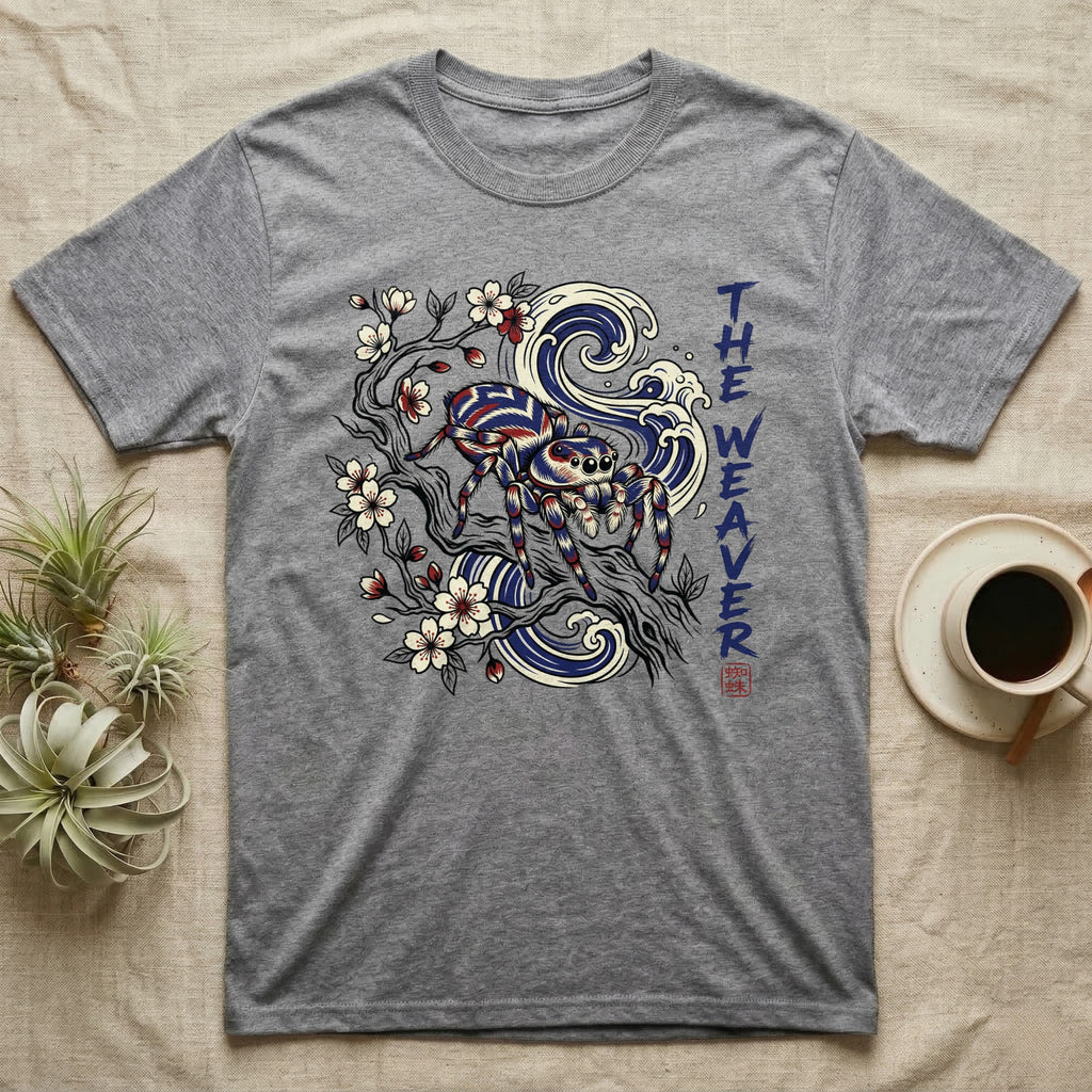Grey t-shirt with spider, cherry blossoms, and waves graphic.