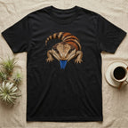 Black t-shirt with illustration of a blue-tongued skink with its tongue out.