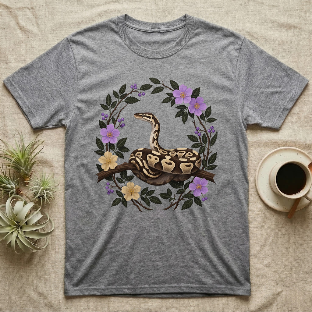 Ball Python Opinions Television T-Shirt in Sport Grey — Oil-painted ball python coiled on a branch, enclosed by a dense oval bower of flowering bramble.