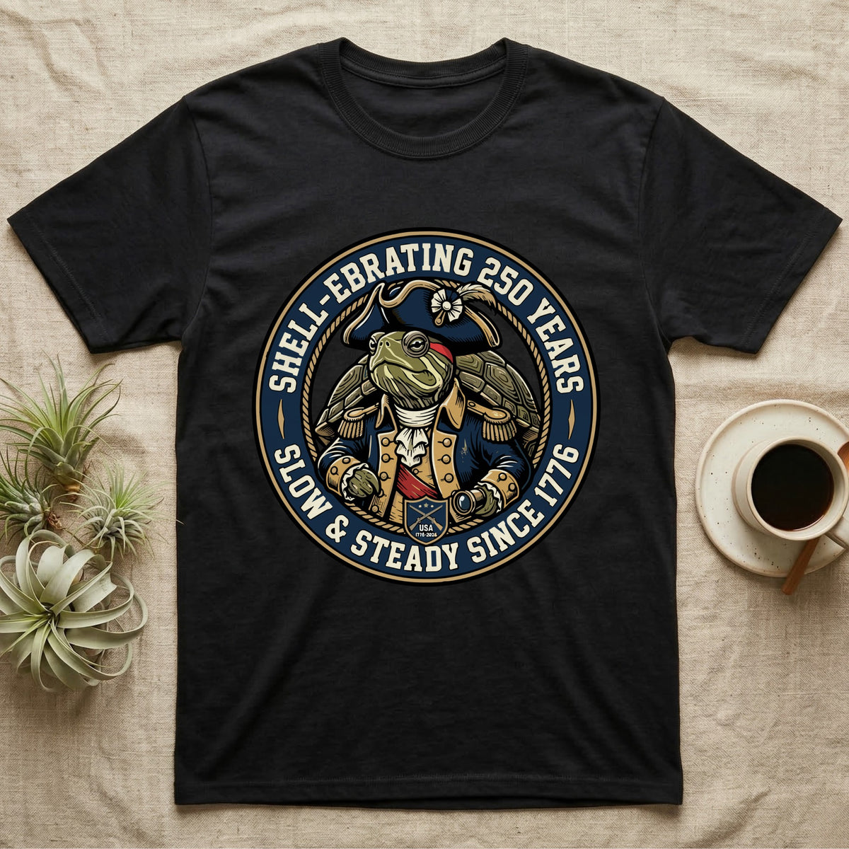 Sea Turtle General T-Shirt in Black — Circular crest of a sea turtle dressed as a Continental general with text Shell-Ebrating 250 Years.