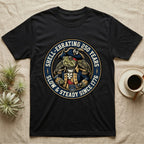 Sea Turtle General T-Shirt in Black — Circular crest of a sea turtle dressed as a Continental general with text Shell-Ebrating 250 Years.