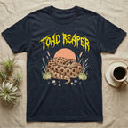 Hognose Toad Reaper T-Shirt in Navy — Realistic western hognose coiled in a loaf between two cartoon toads under jagged yellow lettering: TOAD REAPER