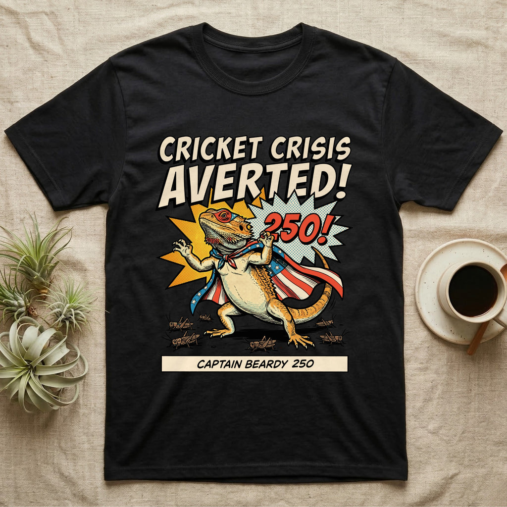 Bearded Dragon Superhero T-Shirt in Black — Retro comic bearded dragon superhero in a flag cape with a 250 blast and text Cricket Crisis Averted, Captain Beardy.