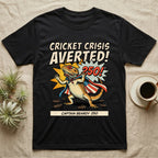 Bearded Dragon Superhero T-Shirt in Black — Retro comic bearded dragon superhero in a flag cape with a 250 blast and text Cricket Crisis Averted, Captain Beardy.