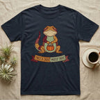 Bearded Dragon Mostly Treat T-Shirt in Navy — Patchwork-quilt bearded dragon holding a pumpkin pail, banner reading "Trick or Treat? Mostly Treat."