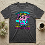 Axolotl Regeneration Rocks T-Shirt in Dark Heather — Neon 90s cartoon pink axolotl in shades flexing under "Regeneration Rocks" lettering.