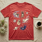 Red t-shirt with French bulldogs in space, planets, and stars design.
