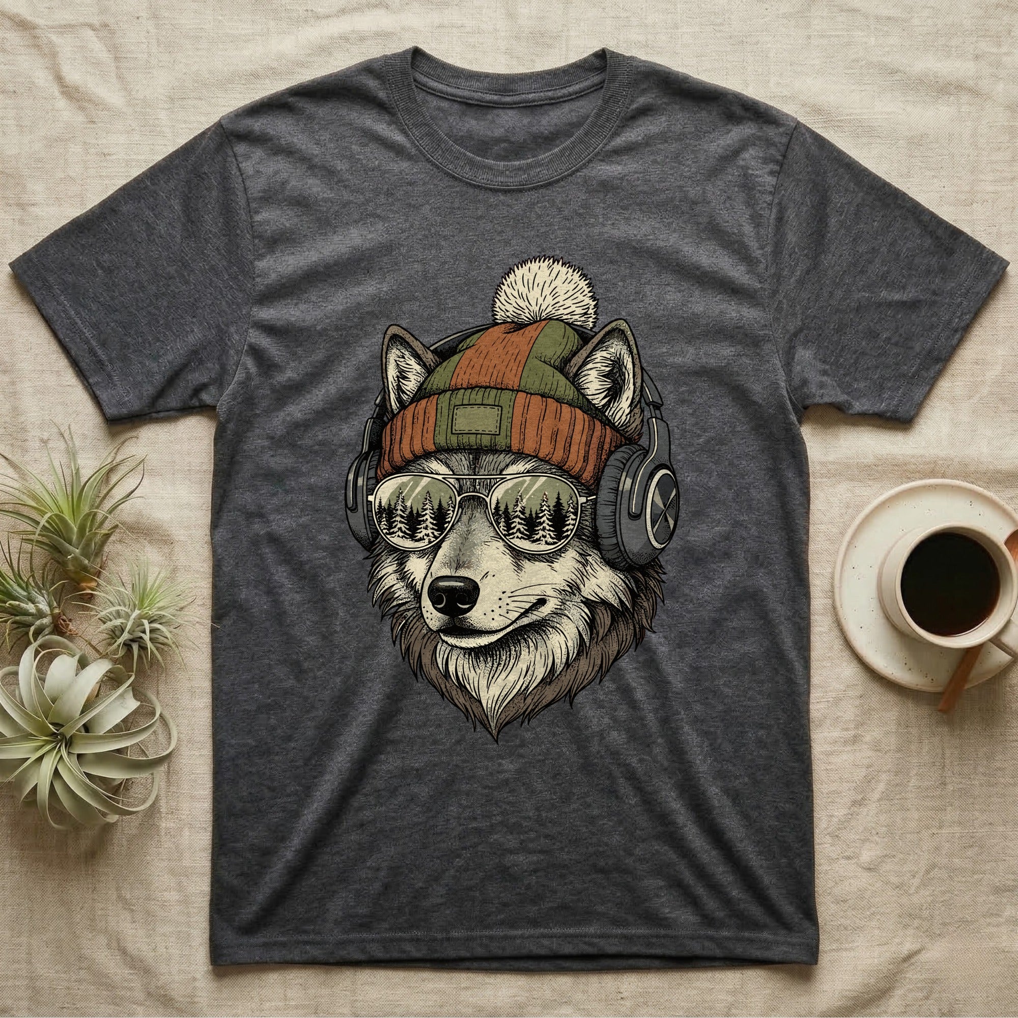 Dark grey t-shirt with graphic of a wolf wearing headphones, sunglasses, and beanie.