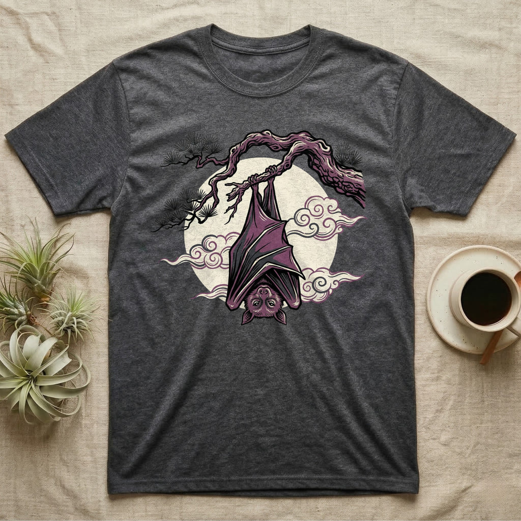 Dark grey t-shirt with a gothic illustration of a bat hanging from a branch.