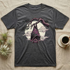 Dark grey t-shirt with a gothic illustration of a bat hanging from a branch.