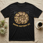 Black t-shirt with coiled snake design and "SOCIAL BATTERY: 0%" text.