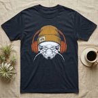 Isopod Heavy Beats T-Shirt in Navy — Engraved isopod with detailed chitin plating and antennae, wearing a knit beanie and over-ear headphones.