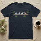 Amazon Milk Frog Branch T-Shirt in Navy — Four banded Amazon milk frogs perched along one slender branch, drawn in loose ink line and soft watercolour wash.